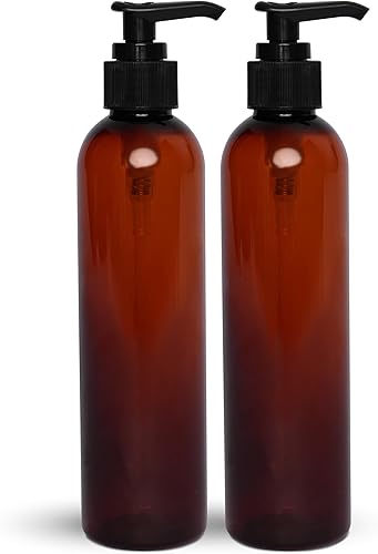 BRIGHTFROM Botellas con bomba de loción, envases de plástico recargables vacíos de 8 onzas, sin BPA, ámbar con dispensador negro para jabón, champú,