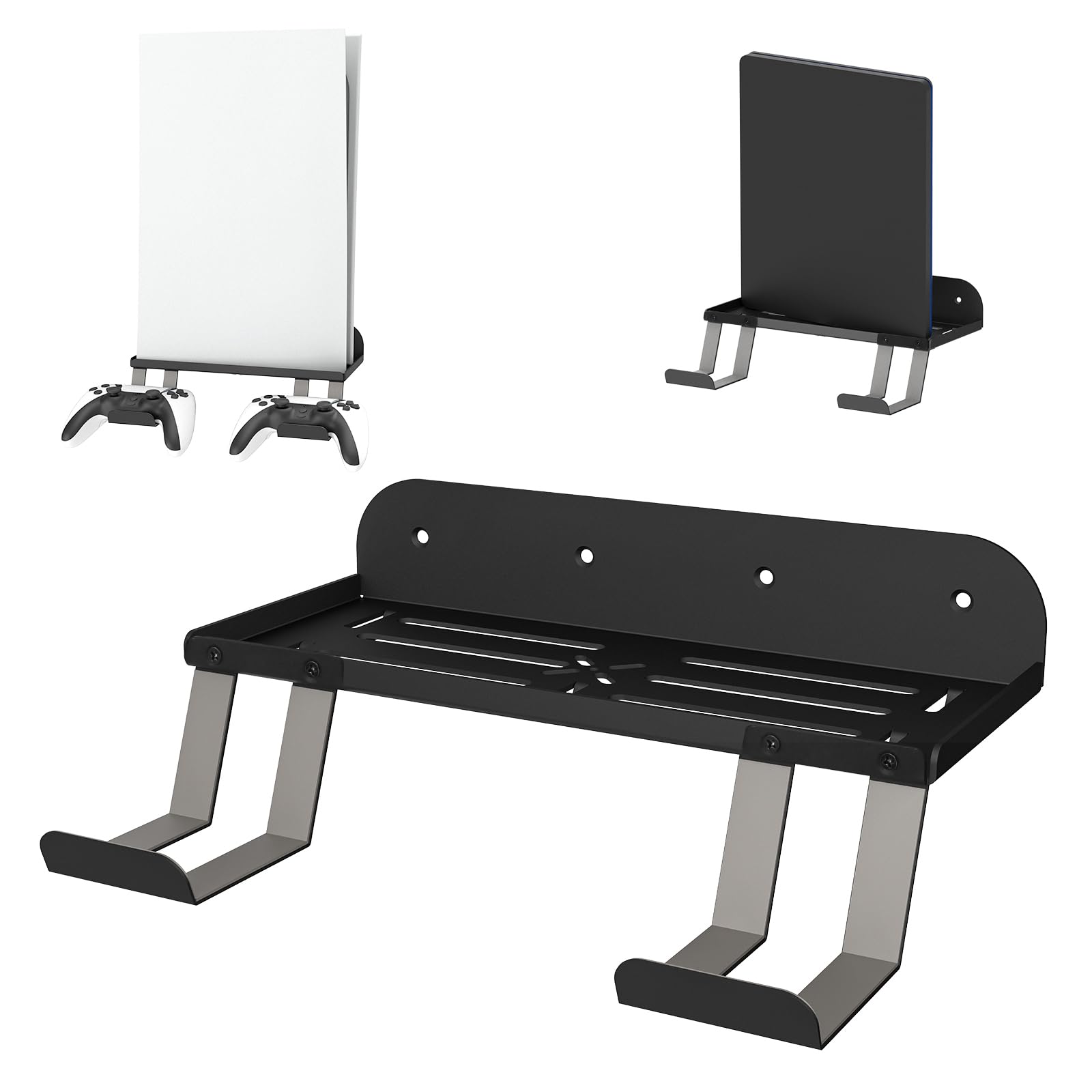 BELOPERA PS5/Ps4 Wall Mount Kit for Game Console Digital and Disc Edition 3 in 1 Wall Mount with 2 Game Controller Holder (Black)