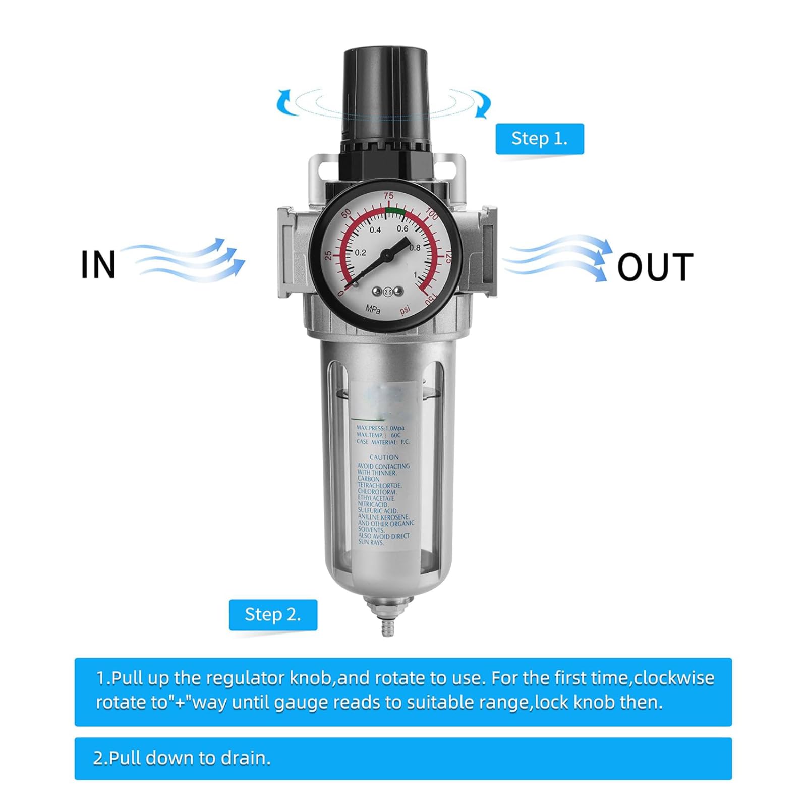 1/2" BSP Regulador de filtro de aire comprimido, Compresor de aire Regulador con filtro y separador de agua con conexión de montaje para compresor y herramientas de aire