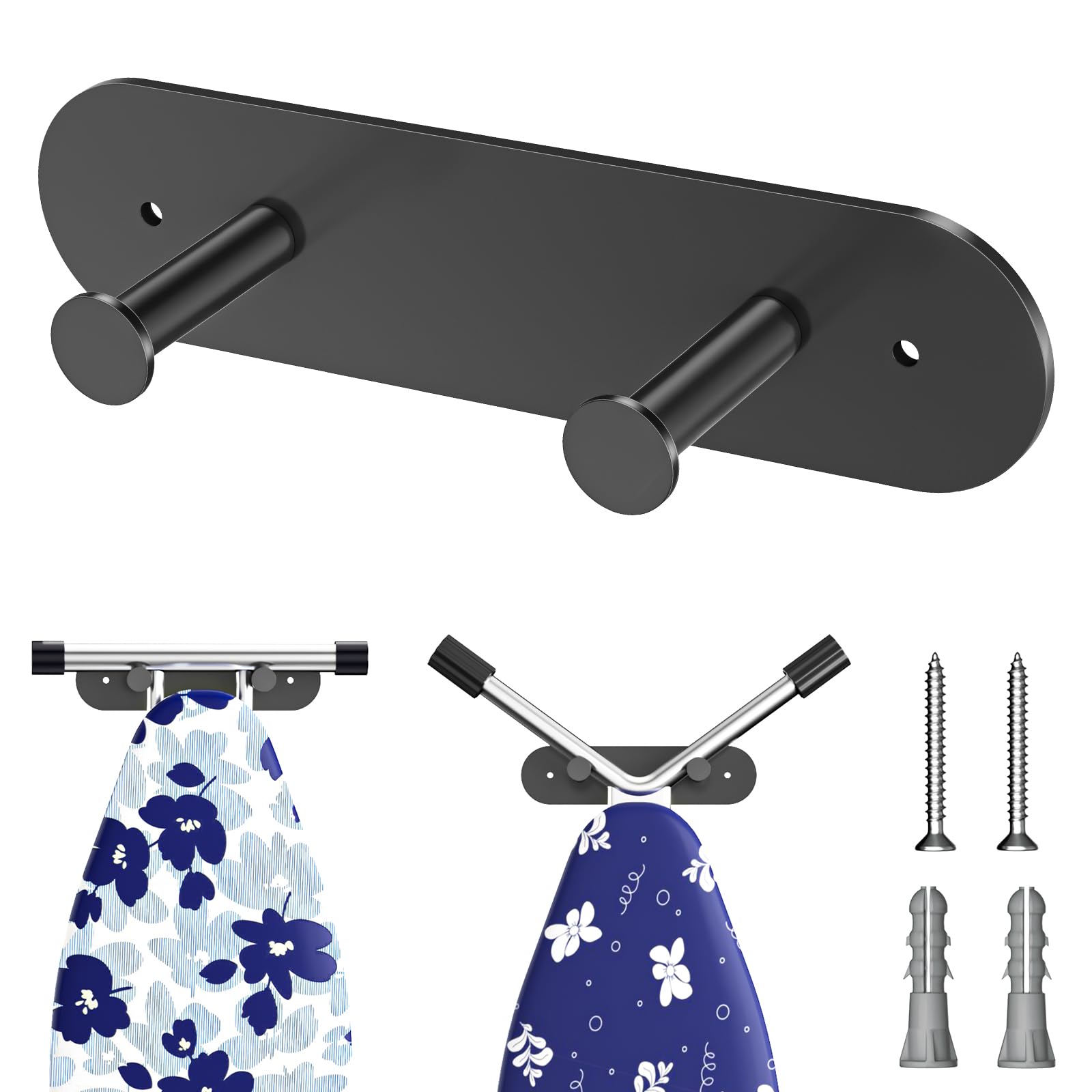 LOXSUN Ironing Board Hanger Wall Mount, Ironing Board Holder with Removable Hooks, Laundry Rooms Iron Boards Hook for Wall for Y or T Leg (Black)
