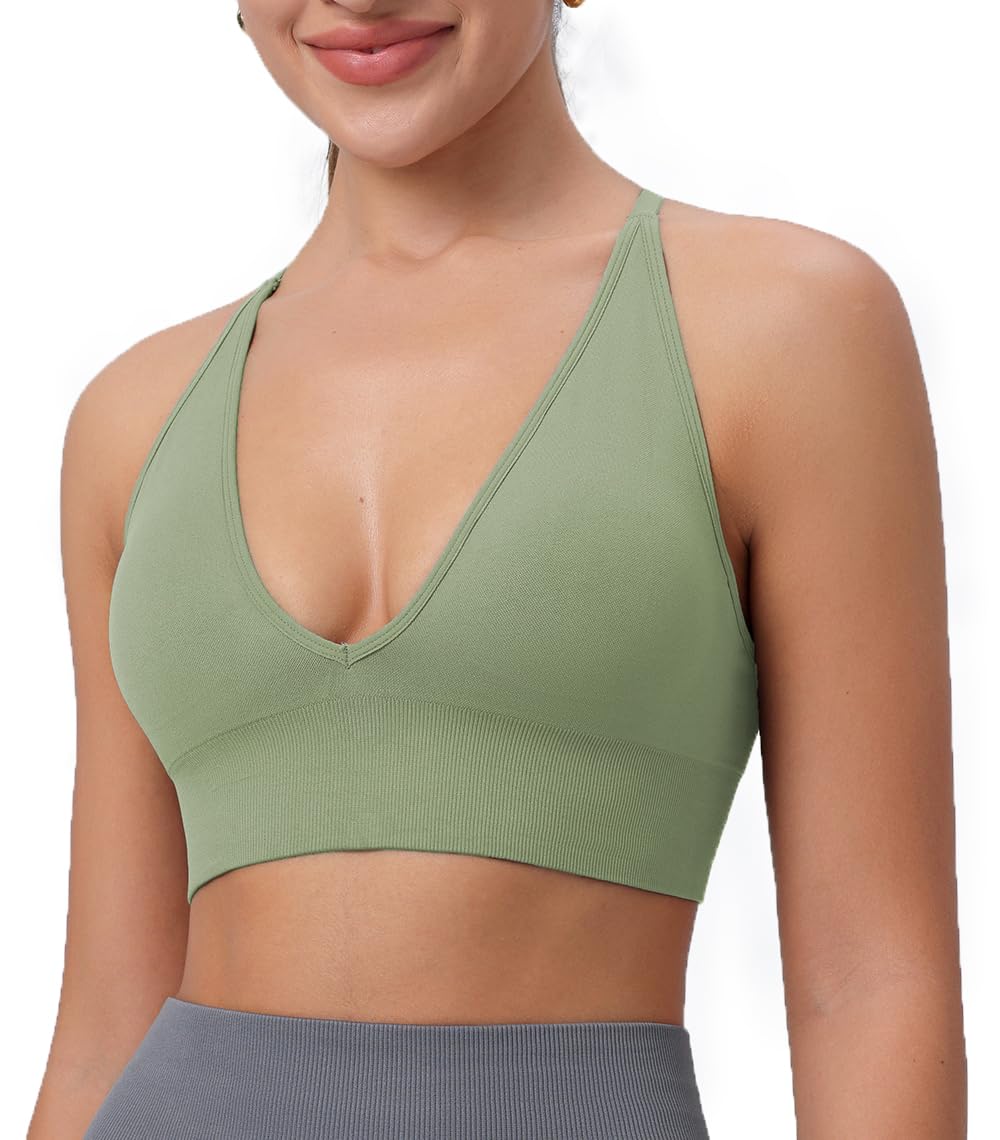 Reggiseno sportivo da donna con scollo a V profondo, coppe imbottite incrociate regolabili, spalline sottili per allenamento, yoga