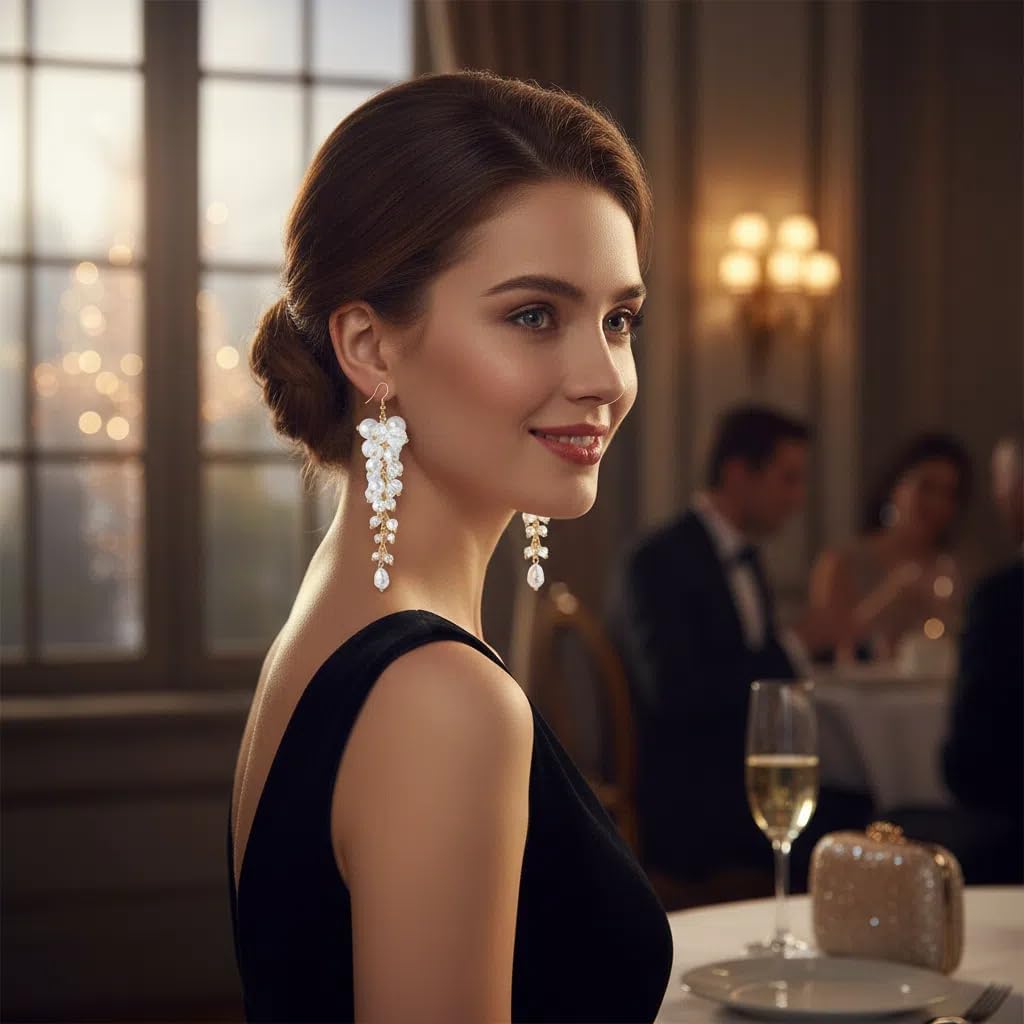 Pearl Drop Earrings for Women Trendy, Gold Plated Chain Fringe with Crystal Pearl Dangling Long Tassel Dangle Chandelier Earrings Wedding Prom Jewelry Gifts - Image 6