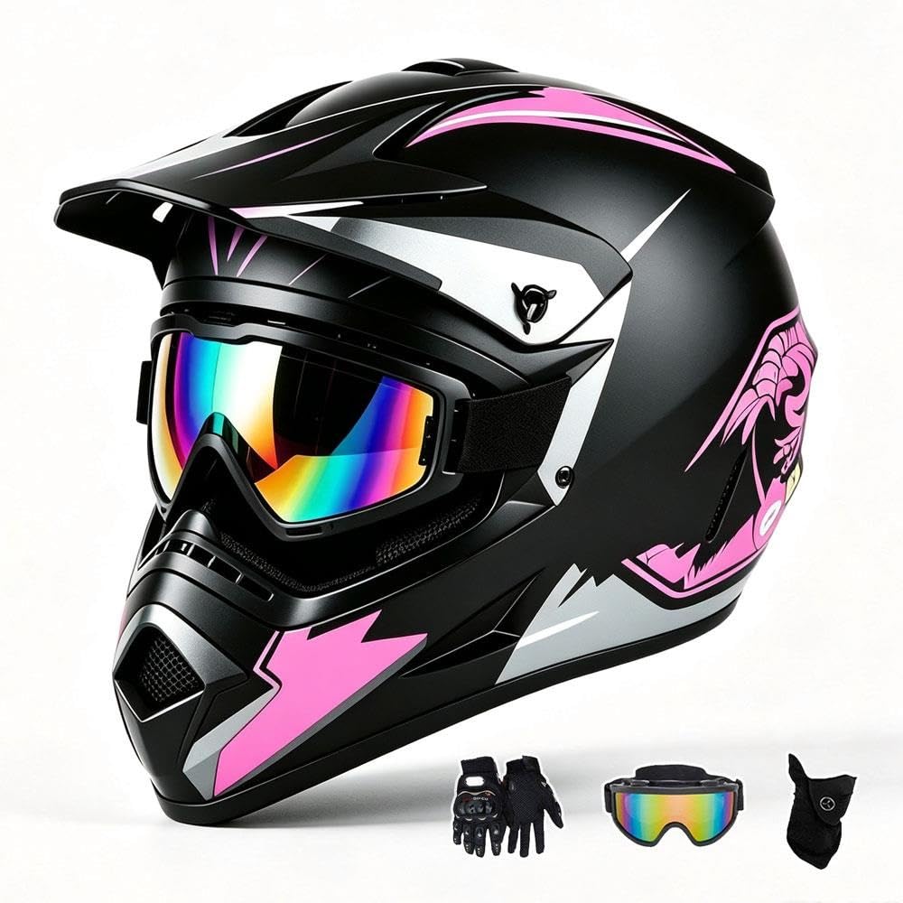 Motocross-Helm-Set für Kinder 4-Teilig: Integralhelm, Handschuhe, Schutzbrille – Geeignet für Motocross, Offroad-Rennen, ATV Und Dirt Bike DOT-Zertifiziert