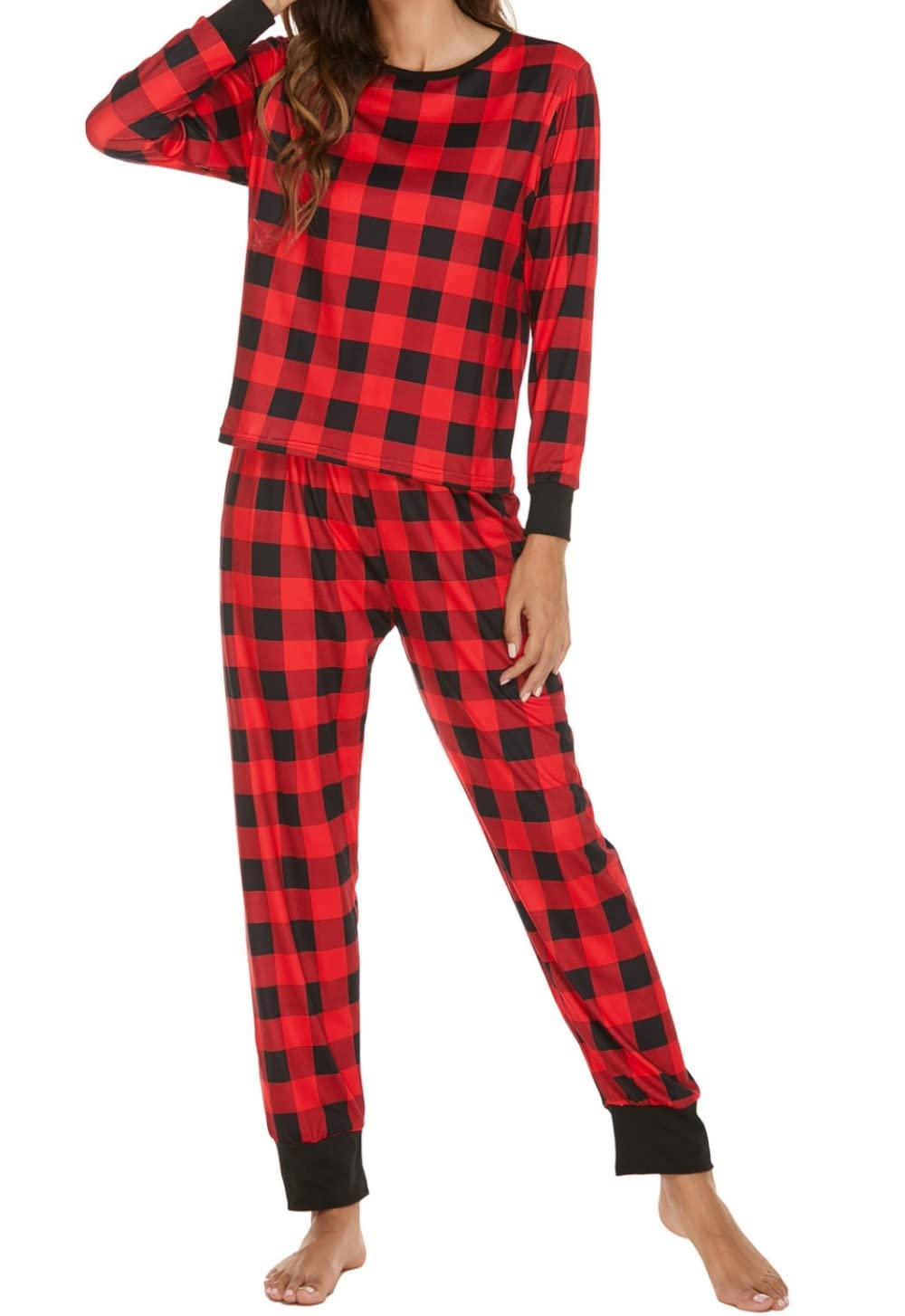 Pijamas Para Mujer Conjunto De Pijama De Poliéster Con Estampado A Cuadros De Cuello Redondo Para Mujer Conjunto De Dos Piezas De Pijama De Manga Larga Cómodo Para Mujer Regalo De Festival Adecuad