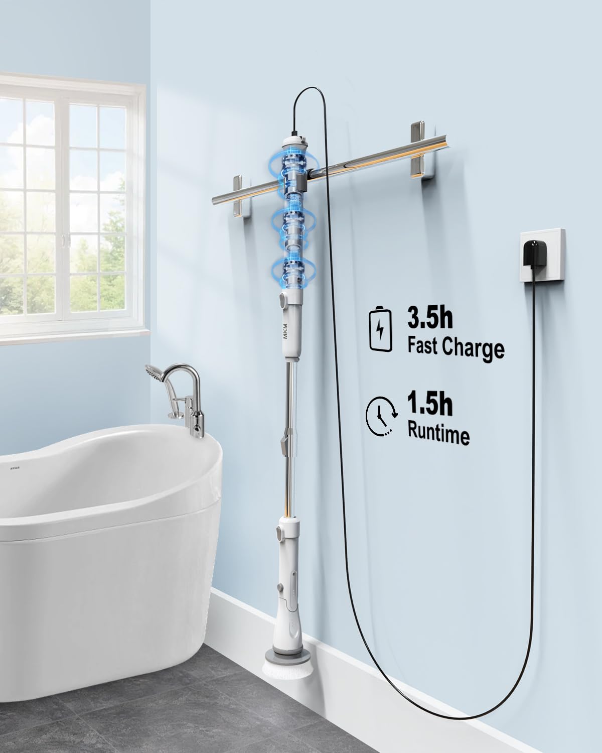 MKM Cepillo eléctrico giratorio para limpiar el suelo de la bañera del baño y la ducha de azulejos, máquina de mano inalámbrica automática de 360 grados de largo, herramienta motorizada giratoria de