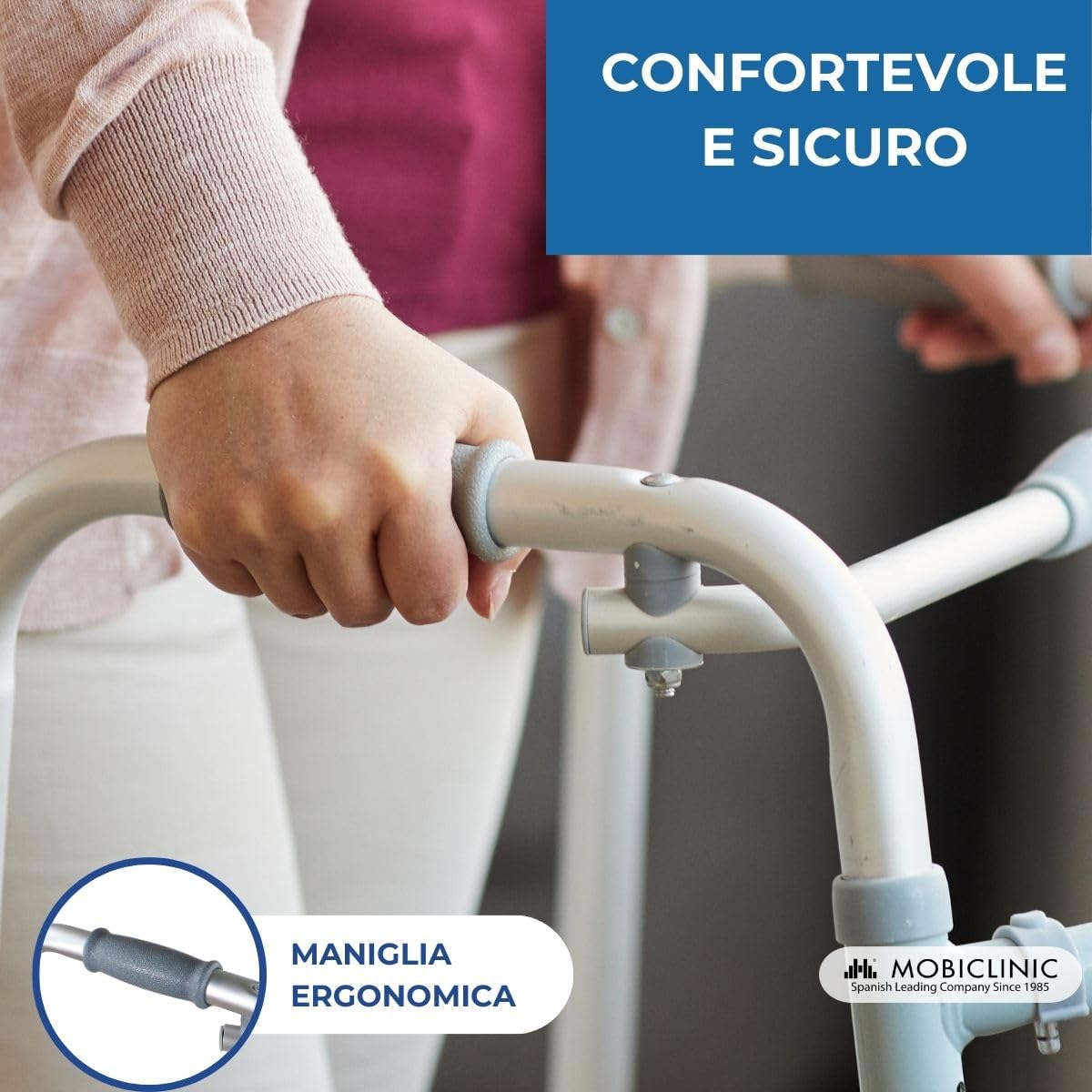 Mobiclinic®, Deambulatore per anziani, Leggero, Pieghevole, Senza ruote, Puntale antiscivolo, Carrello camminare, Fabbricato in alluminio, Modello columna, Marchio europeo, Colore grigio