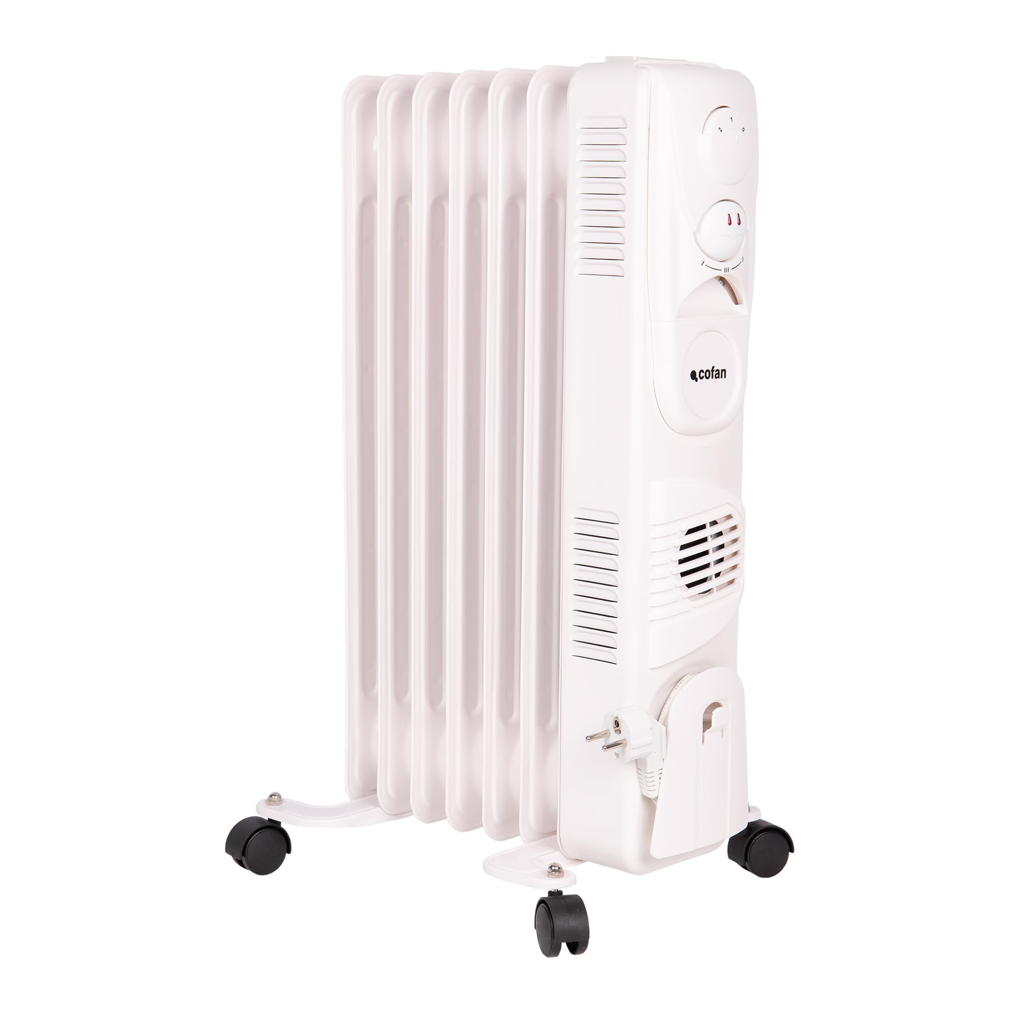 Cofan Radiador de aceite de 1500 W | 7 elementos | 3 niveles de potencia | Con termostato y ventilador | Protección antivuelco | 37 x 24 x 65 cm