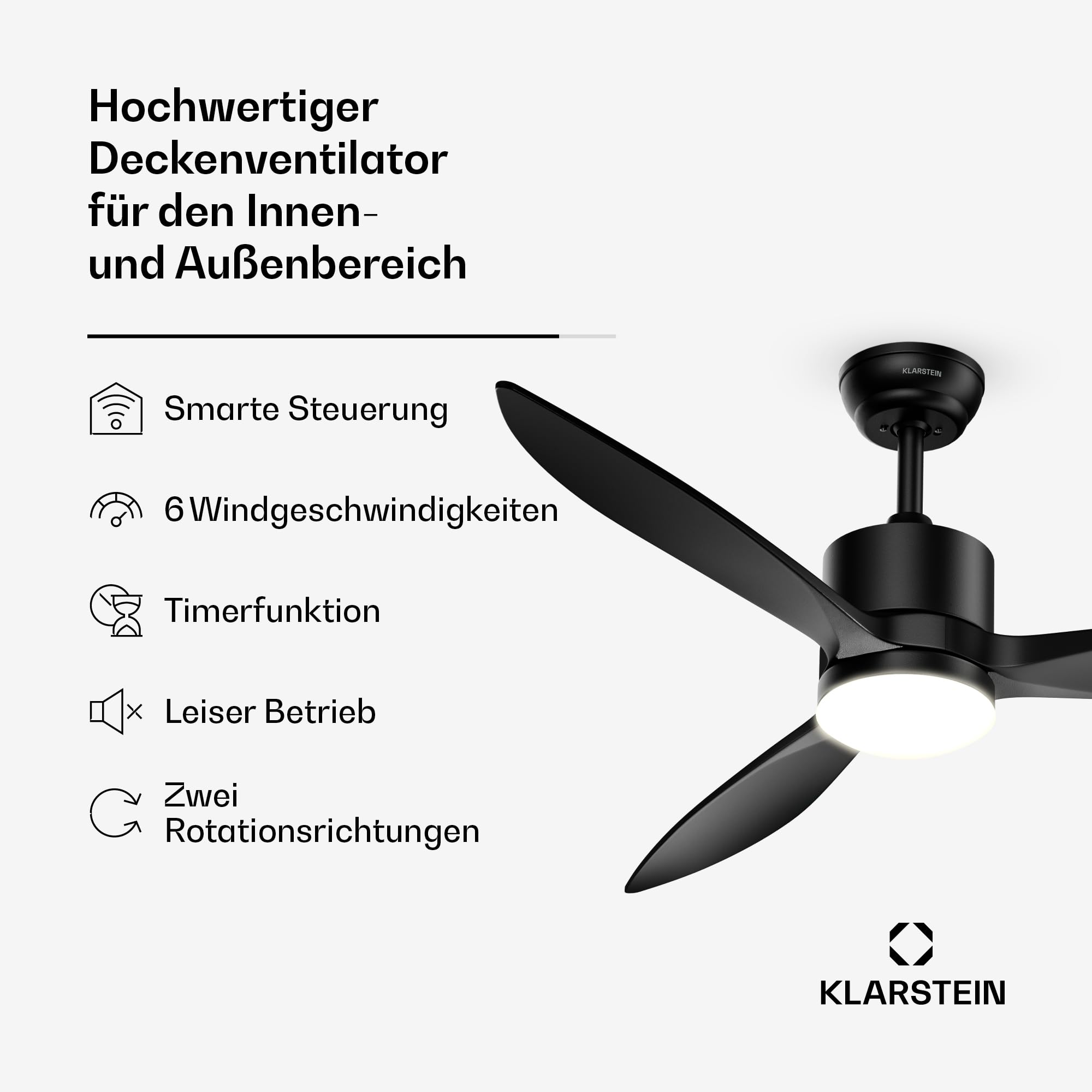 Klarstein SkyBreeze Deckenventilator mit Beleuchtung – LED, Fernbedienung & App, 6 Stufen, 3 Flügel, leise, Innen & Außen, 132cm, dimmbar, Smart-Home-fähig, Schwarz