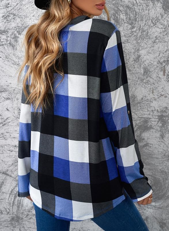 Image of Dokotoo Womens Tops Plaid Cotton Cuffed 3 /4 Sleeve Shirts Blouses