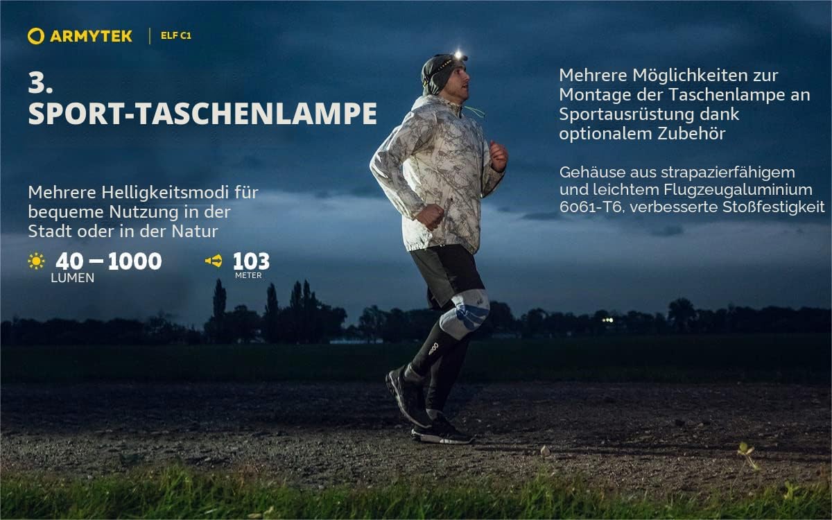 Armytek NEU, Stirnlampe Elf C1 v2 Kaltweiß 1000 Lumen LED-Lampe Micro USB Aufladbarer, Qualitativ Hochwertiger
