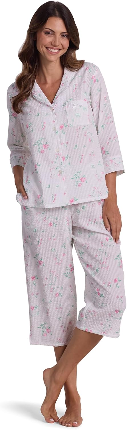 Miss Elaine Seersucker Pajama Set, V-Neck and 3/4 Sleeves, Button Front