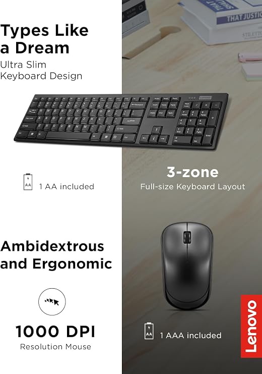 Lenovo 100 Wireless Keyboard and Mouse Combo Cordless Set with Spill Resistant Quiet Keys 3-Zone Keyboard - Ambidextrous Mouse Compact Design Wireless USB -Black