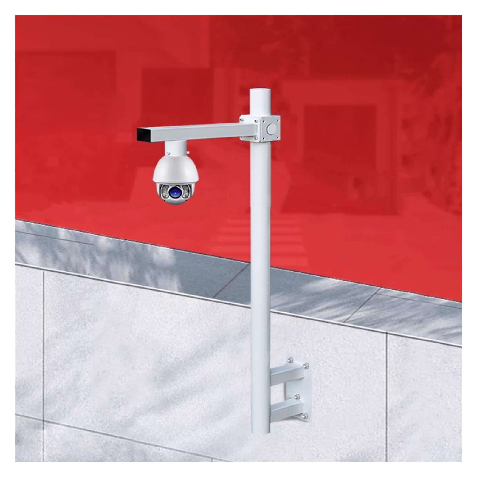 Este Kit de Soporte Universal Blanco para cámara de Seguridad Incluye un Soporte de vigilancia de fácil instalación, Tubo de Acero galvanizado de 6 cm de diámetro, Altura Ajustable de 120 cm