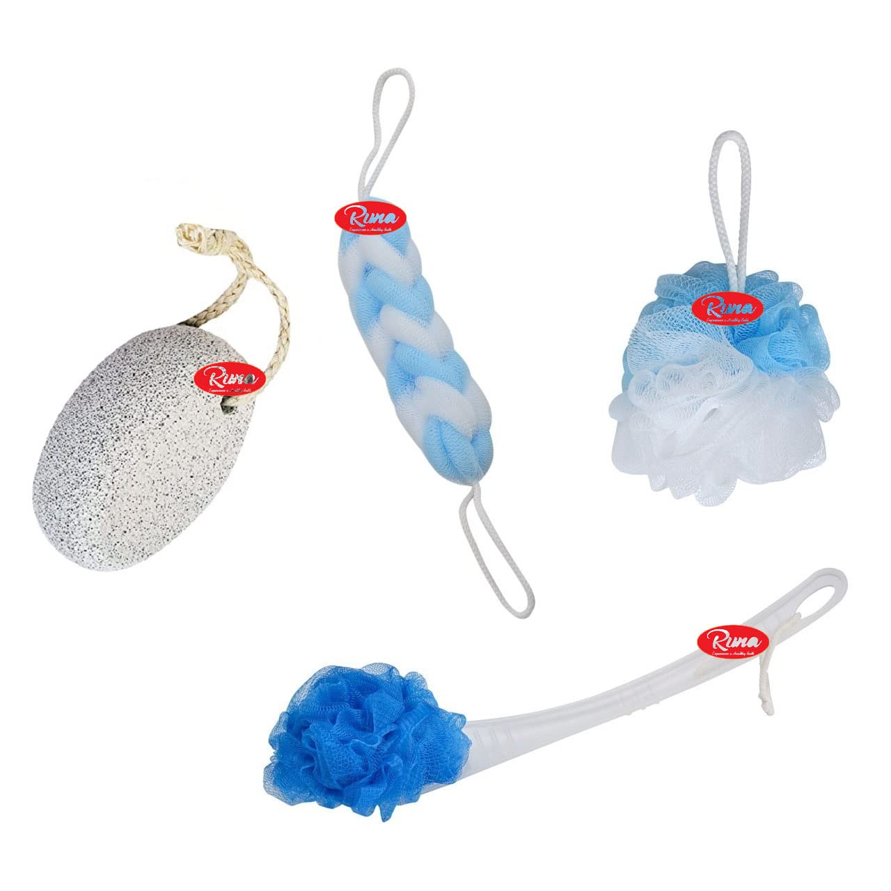 Runa Blue Wash Loofah for Bathing Men Women Loofah with Handle Bath Brush Pumice Stone Foot Scrubber Back Belt Long Scrubber Sponge (Combo of 4) Colour (Blue)