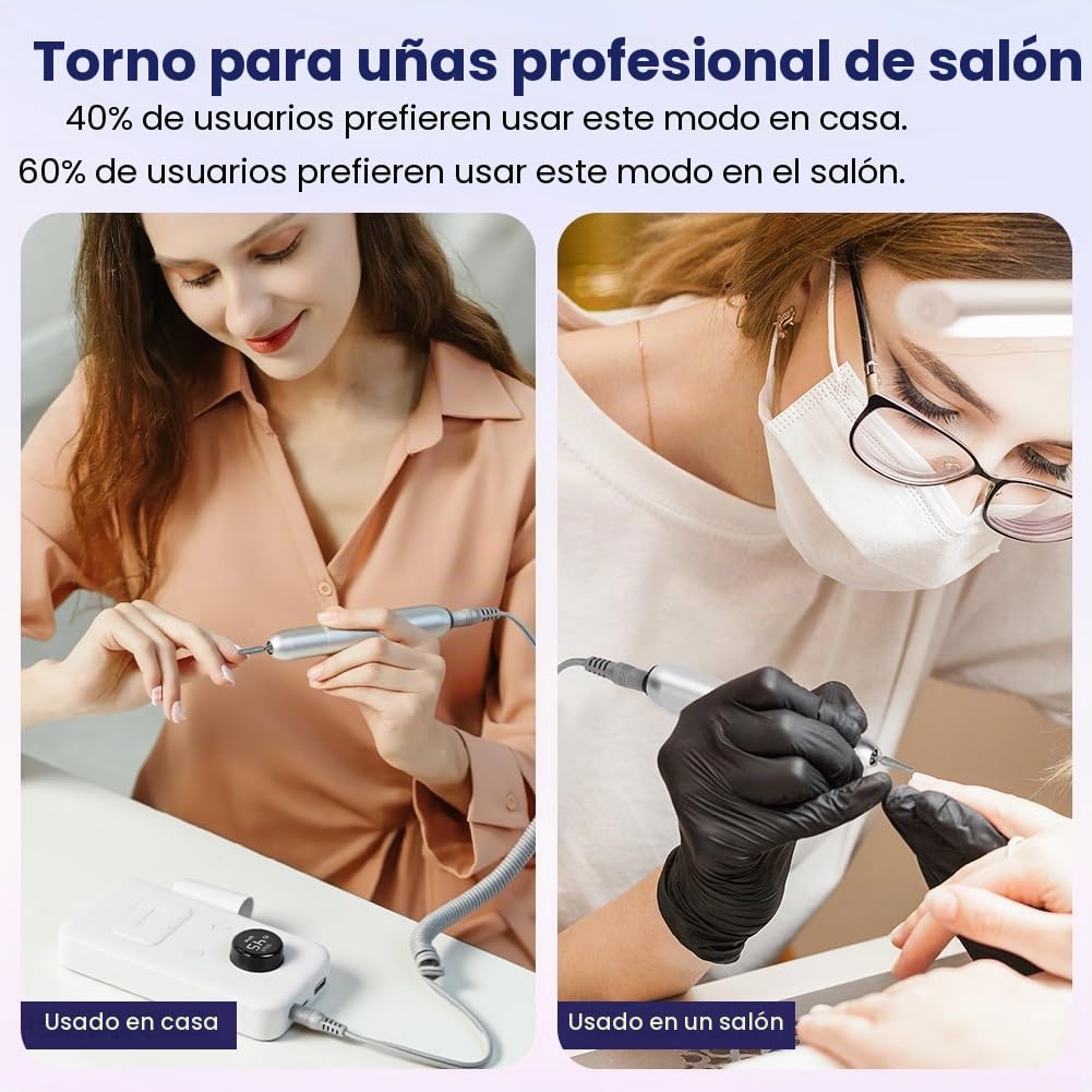Torno para Uñas Profesional 30000 RPM, Torno para Uñas Portátil Recargable, Tor-no Uñ-as Taladro Eléctrico con 6 Brocas, Velocidad Ajustable, para Gel o Acrilicas para Hogar y Salón （Blanco）