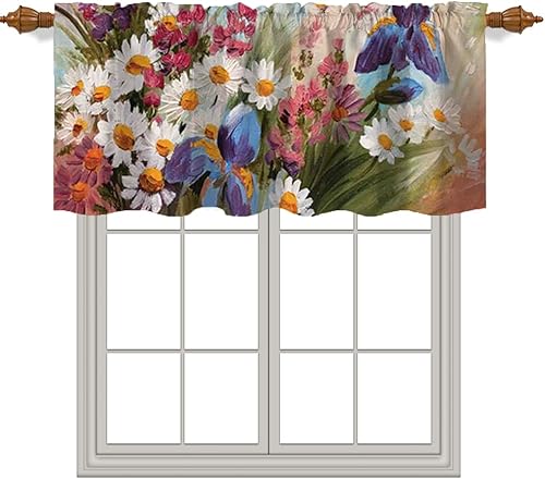 Fanjanmey Cenefas de cortina para ventanas, patrón de flores florales, cortinas opacas para cocina, sala de estar, comedor, cenefa, 42 x 18