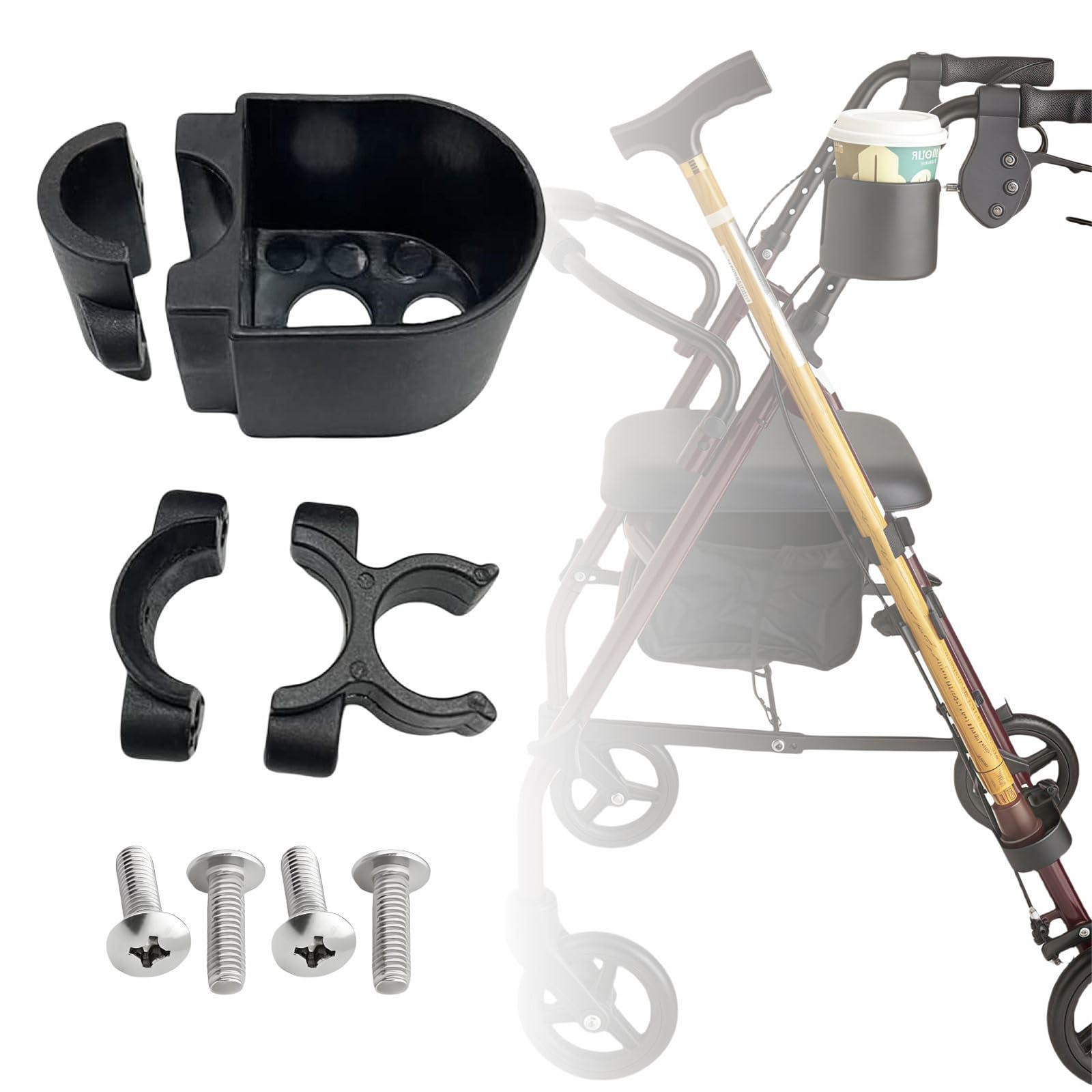 Cane Holder for Rollator, Walker, Knee Scooters - Universal Crutches Stick Bracket Accessories, Fits for Round Tube 0.96" Diameter