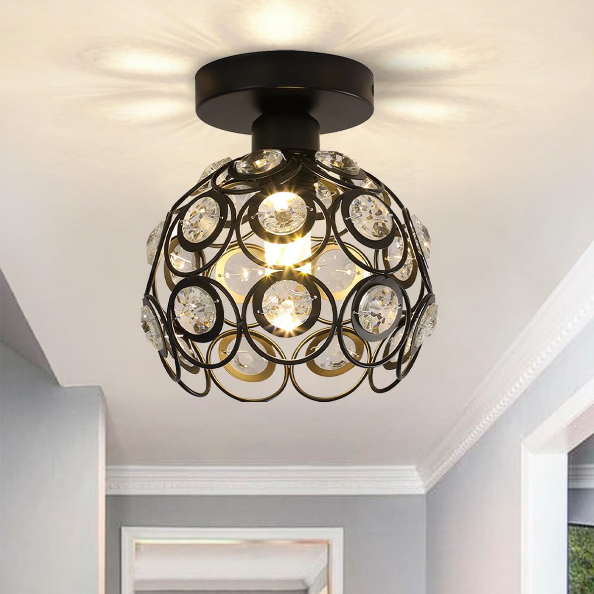 Black Ceiling Light Small Hallway Lighting Fixtures E26 Modern Chandelier Semi Flush Mount Ceiling Lighting Fixture Crystal Ceiling