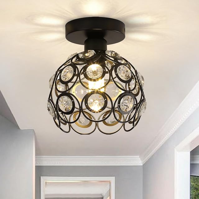 Black Ceiling Light Small Hallway Lighting Fixtures E26 Modern Chandelier Semi Flush Mount Ceiling Lighting Fixture Crystal Ceiling