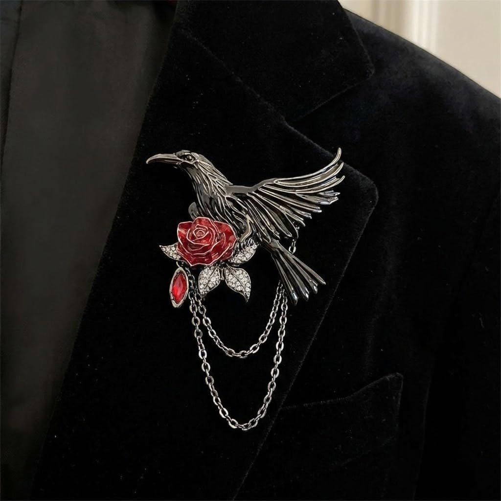 Vintage Black Crow Rose Tassel Chain Pin Brooch for Men & Women - Punk, Gothic Suit Tie Lapel Pin Clip - Perfect Boyfriend Gifts - Image 4