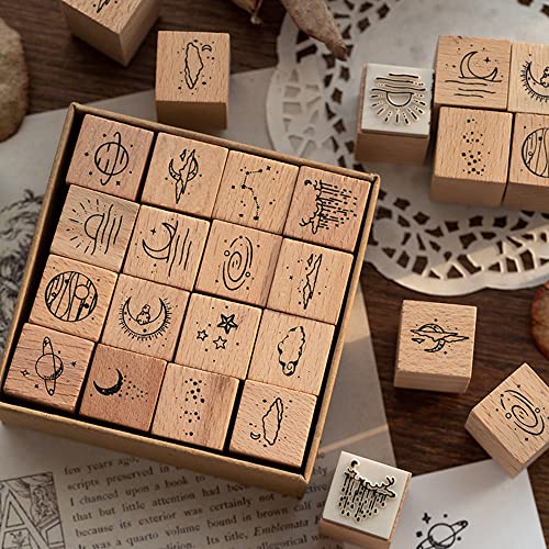Namvo 16 Pcs Wood Rubber Stamp Set - Moon & Star Decorative Wooden Universe Planet Stamps for DIY Crafts Card Making, Calendar - Image 2