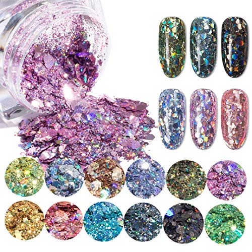 Nail Sequins Iridescent Flakes,12Color Chunky Glitter Nail Flake Mixed Paillette Sequins for Body Face Hair Make Up Nail Art Mixed Color Glitter