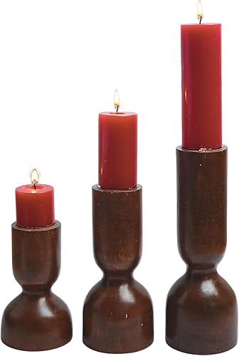 Juego de 3 portavelas para velas de pilar, hechos de madera de mango, portavelas de madera rústica, candelabros decorativos de madera para sala de