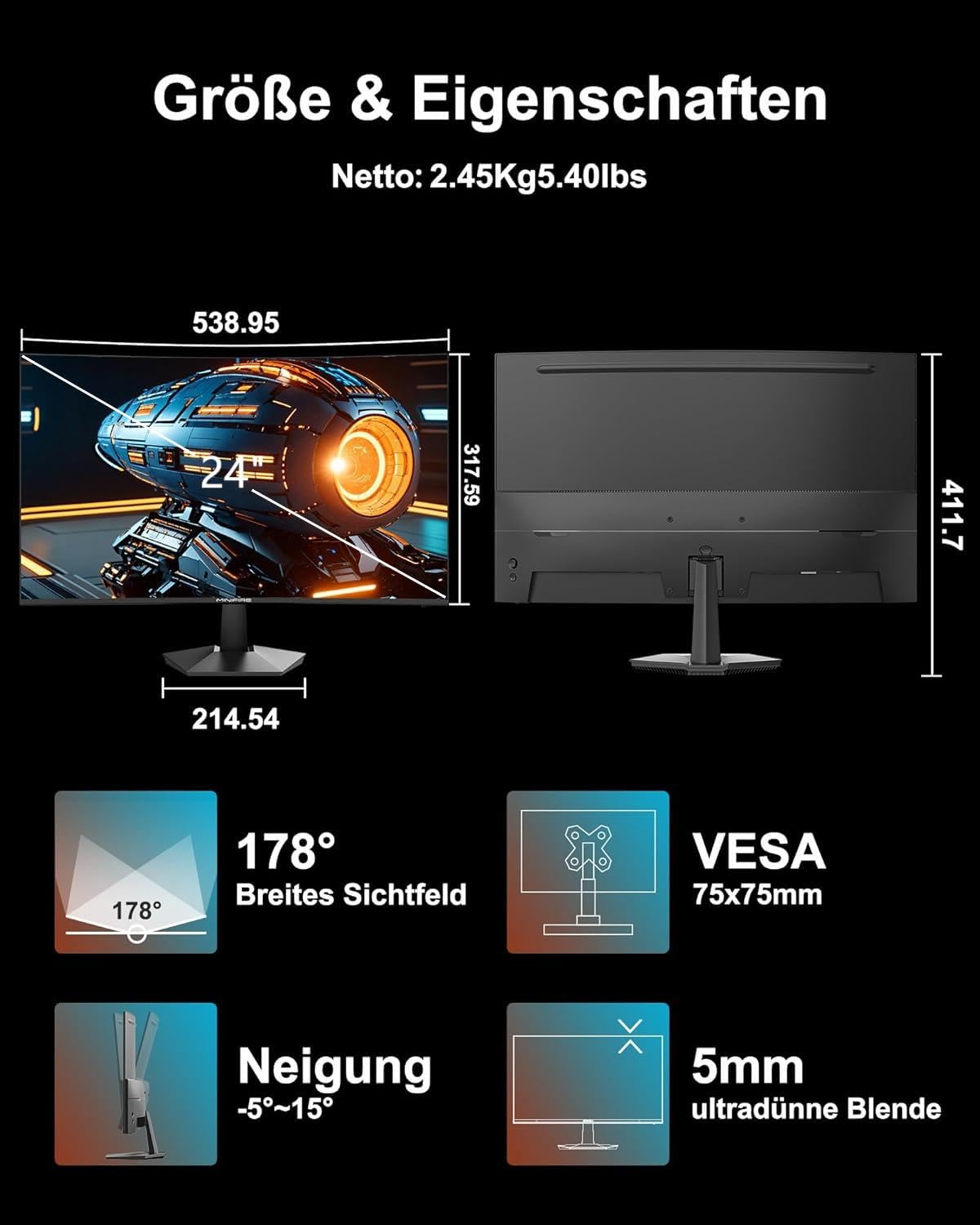 Minifire Monitor Curvo 24 Zoll 100Hz Type-C 2.5W Schermo PC con altoparlante - Pannello VA 1500R FHD (1920 x 1080p), MPRT 1ms, sRGB100%, meno luce blu, HDMI 1.4, supporto VESA 75 * 75 - Nero（MF24C1）