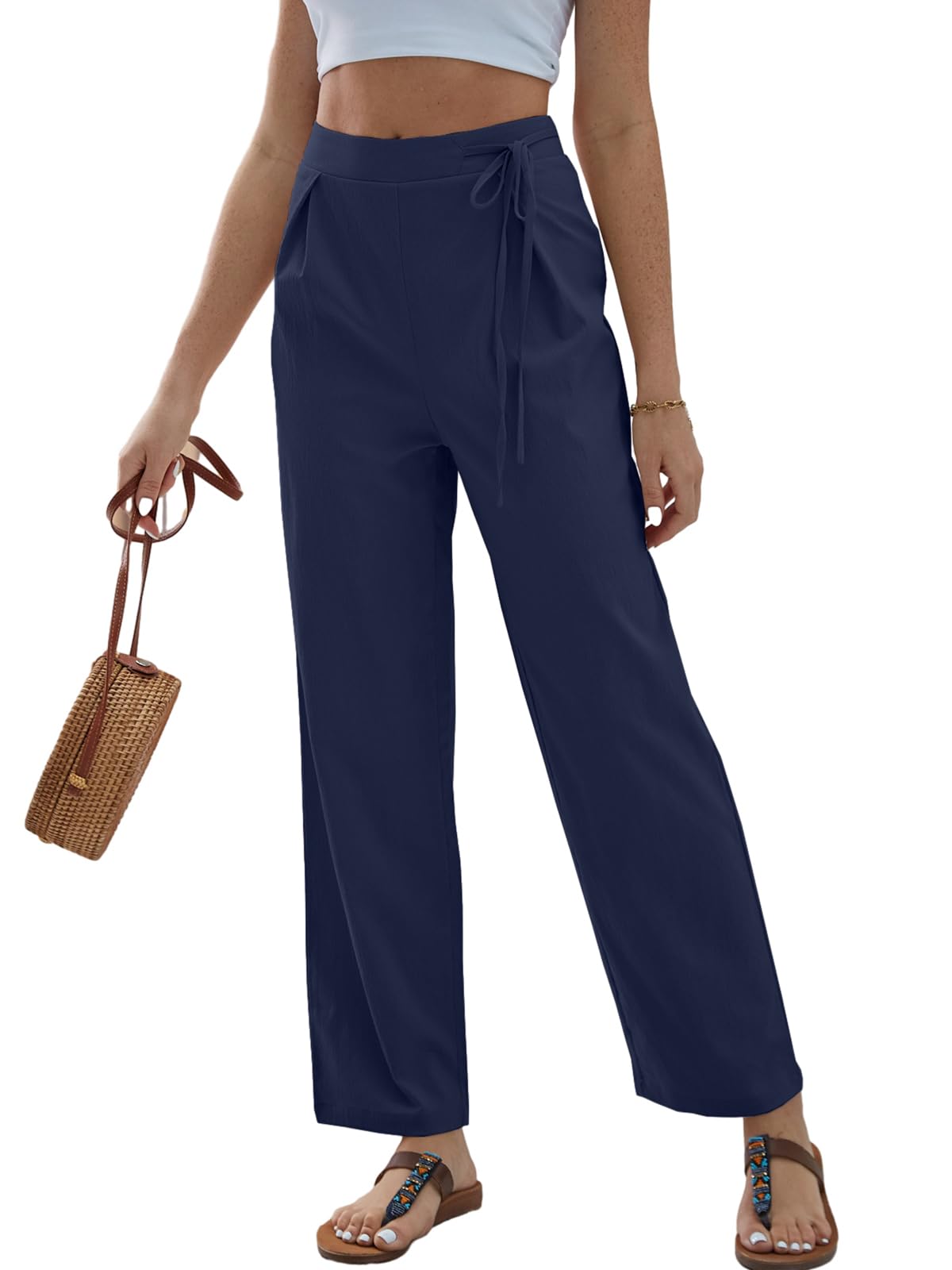 Casual Business Womens Wide Leg Pants High WAIS Adjustable Drawstring Pleated Flowy Palazzo Work Slacks Pants