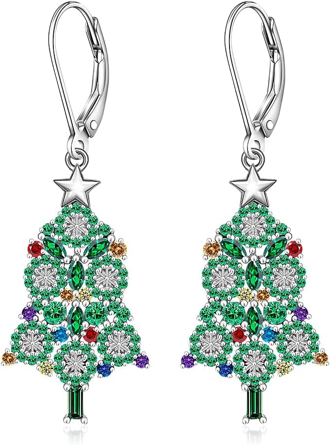 Christmas Earrings Christmas Tree Earrings for Women Dangle Sterling Silver Green Xmas Tree Drop Dangling Leverback Holiday Jewelry Gifts