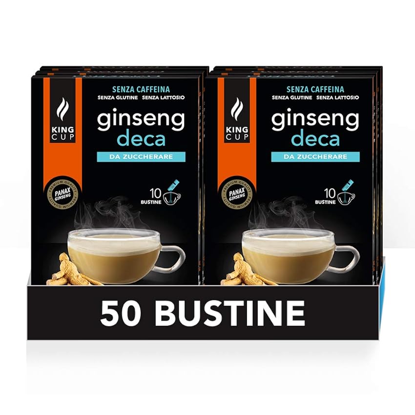 Immagine del prodotto King Cup - 5 Confezioni da 10 Bustine Solubili di Ginseng Deca da Zuccherare, 50 Stick da 6 Gr di Ginseng Decaffeinato da Aggiungere a 60 Ml di Acqua Calda, Senza Glutine e Senza Lattosio