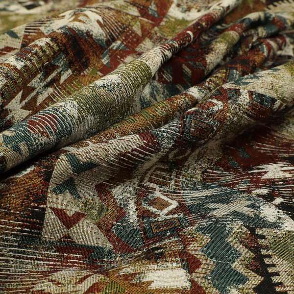 Redbrick Mill Fabrics Flame Retardant Jacquard Kilim Patchwork Pattern Multi Colour Red Blue Green Upholstery Fabrics (Per Metre)