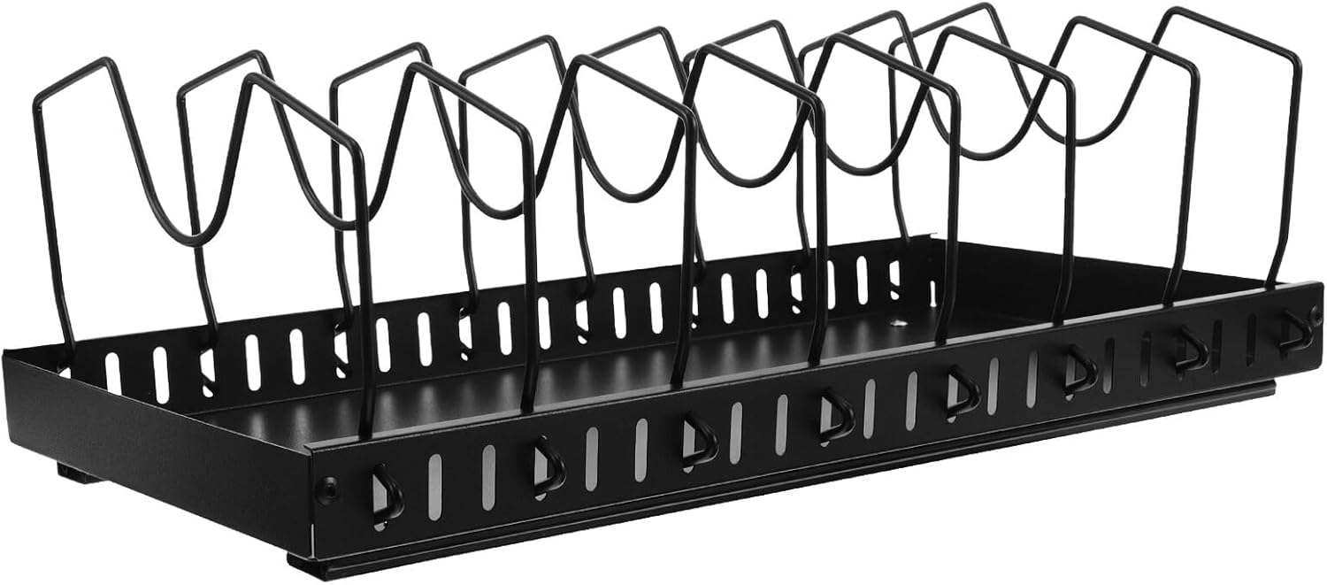 Luxshiny Adjustable Pan Organizer Rack with Dividers for Kitchen Cabinet Storage Sliding Metal Bakeware and Pot Lid Holder for Home Restaurant Hotel Use