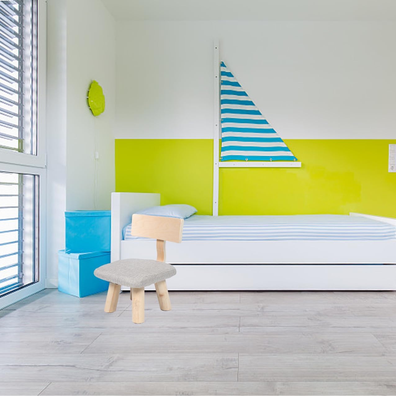 ’s Backrest Stool Solid Wood Anti-Fall Stool with Back Support and Family Use, Natural Color, 1pcs