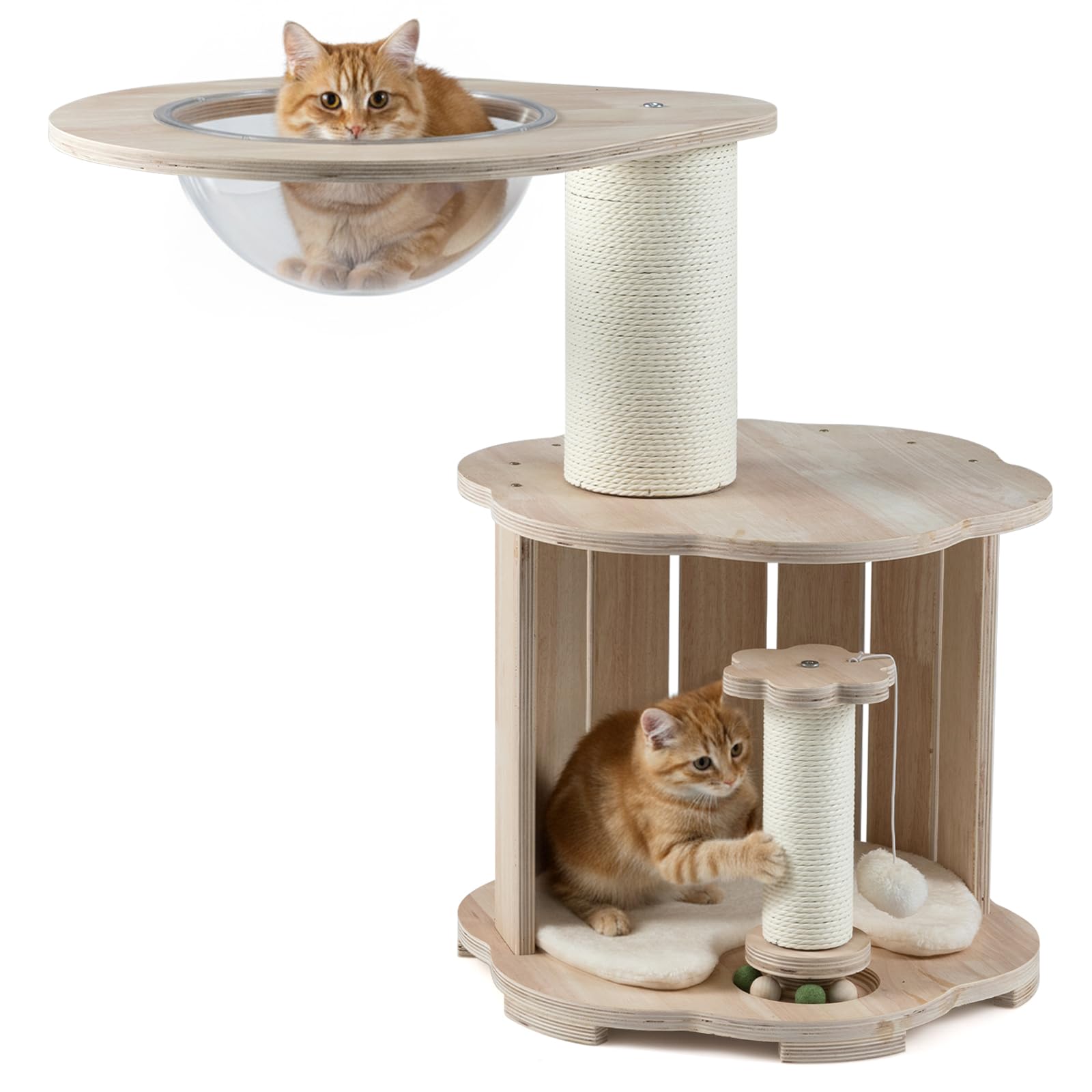 COSTWAY Petit Arbre à Chat Bois 73 cm, Condo, Capsule, Circuit à Billes pour Chat en Bois avec 4 Balles, 2 Poteaux à Griffer, Arbre a Chat Design, Coussin Amovible Lavable, Pompon Suspendu