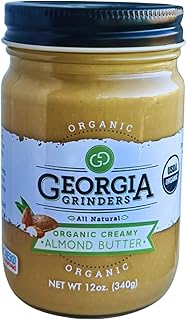 Georgia Grinders Organic Almond Creamy and Blanched Gourmet Nut Butter Spread, Whole30 Approved, Non-GMO, Gluten Free, No Palm Oil, No Added Sugar, and Vegan Friendly, 12 Ounce (1 Pack)