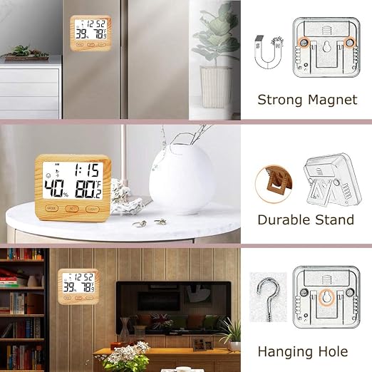Higrómetro digital termómetro interior con reloj de madera miniatura 5