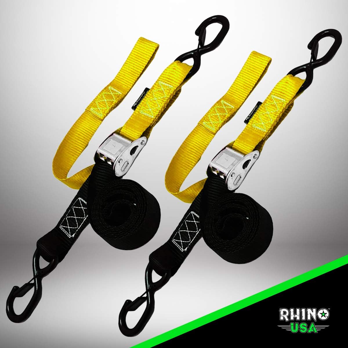Rhino USA Motorcycle Tie Down Straps (2 Pack) Lab Tested 3,328lb Break Strength, Steel Cambuckle Tiedown Set with Integrated Soft Loops - Better Than a Ratchet Strap (Yellow 2-Pack')