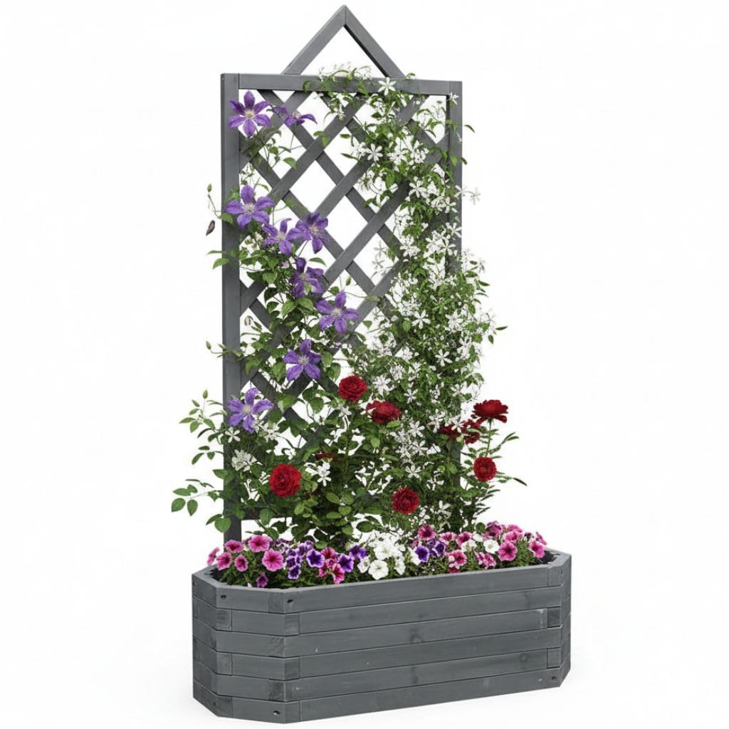 Melko Enrejado de 150 cm con macetero, arco de rosas con jardinera de madera, para plantas colgantes, enredaderas o macetas
