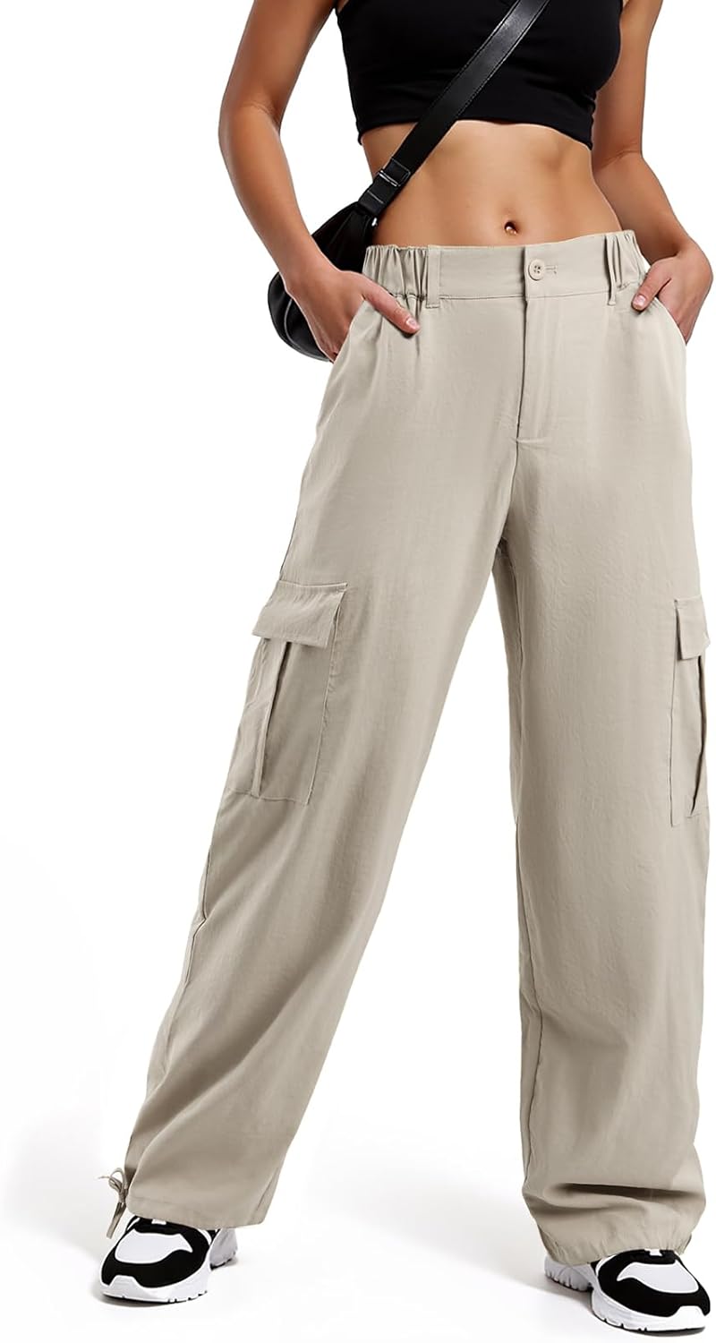 American Trends Pink Women's High Rise Cargo Pants with 4 Front Pockets, Ankle Length, Lightweight, Regular Fit, Large