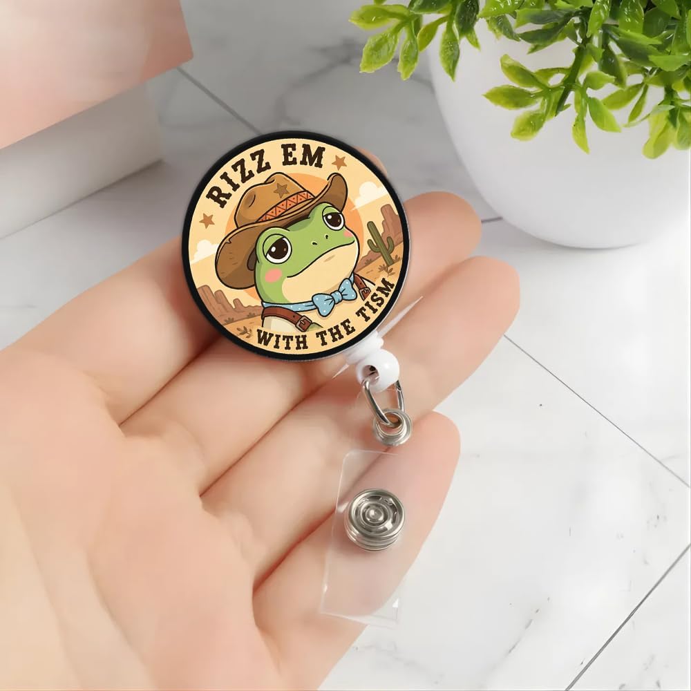 Rizz Em with The Tism Badge Reel Retractable ID Card Holder with Alligator Clip Funny Frog Cowboy Meme Office Humor Name Tag Holder for Nurses, Teachers, Neurodivergent Pride Cute Work Essentials image 5