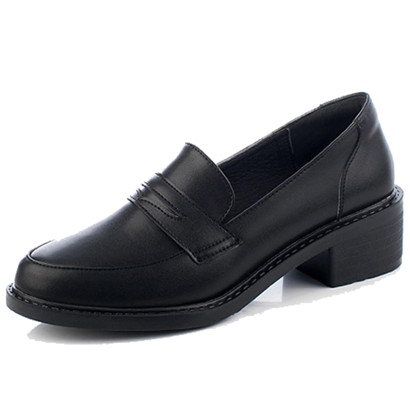 Women's Classic Leather Block Heel Loafers Retro Fashion Round Closed Toe Slip On Mid Chunky Heel Comfory Dress Pumps Shoes for Wedding Party Office