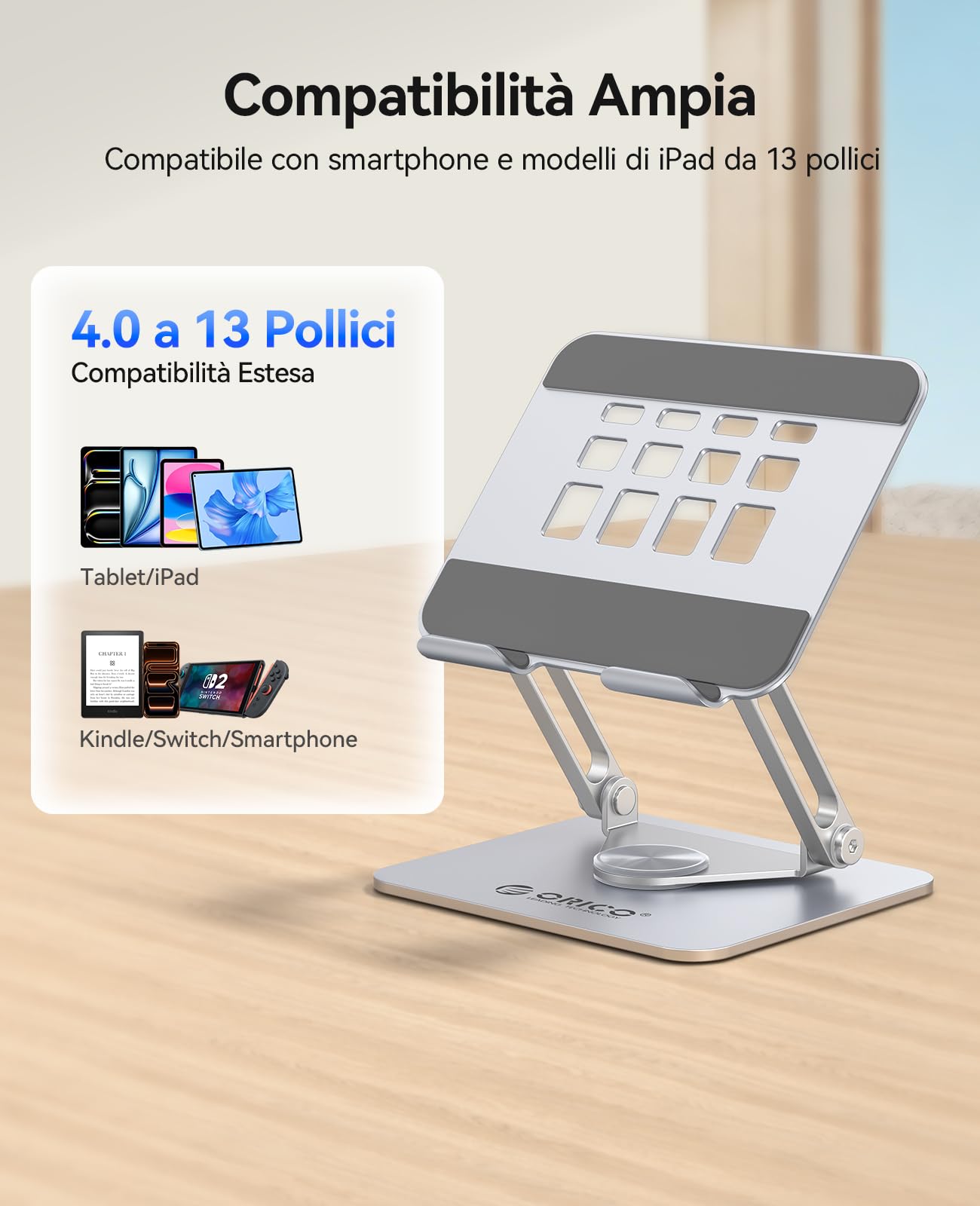 ORICO Supporto Tablet 360° Regolabile Pieghevole Ventilato per iPad Pro Air Mini Kindle Samsung Tablet 13" Argento