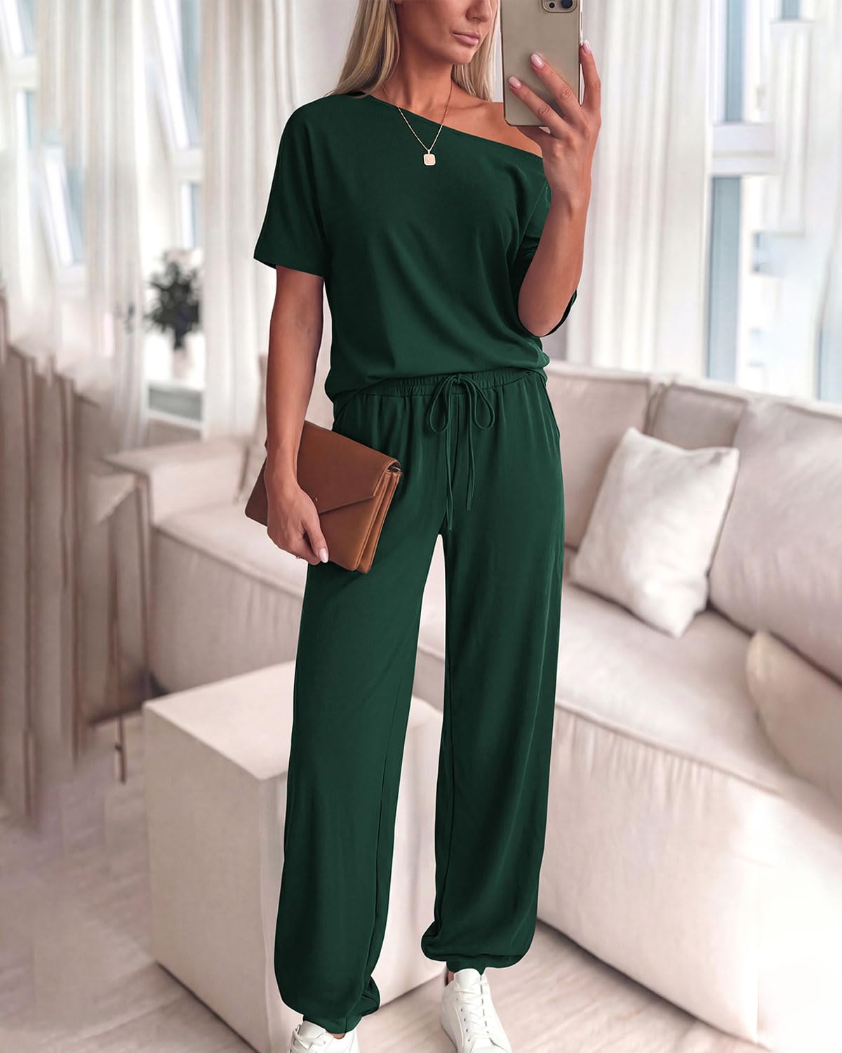 Zenlonr Abiti estivi da donna 2 pezzi 2025 top a maniche corte con spalle scoperte pantaloni lunghi con coulisse in vita elastica tuta