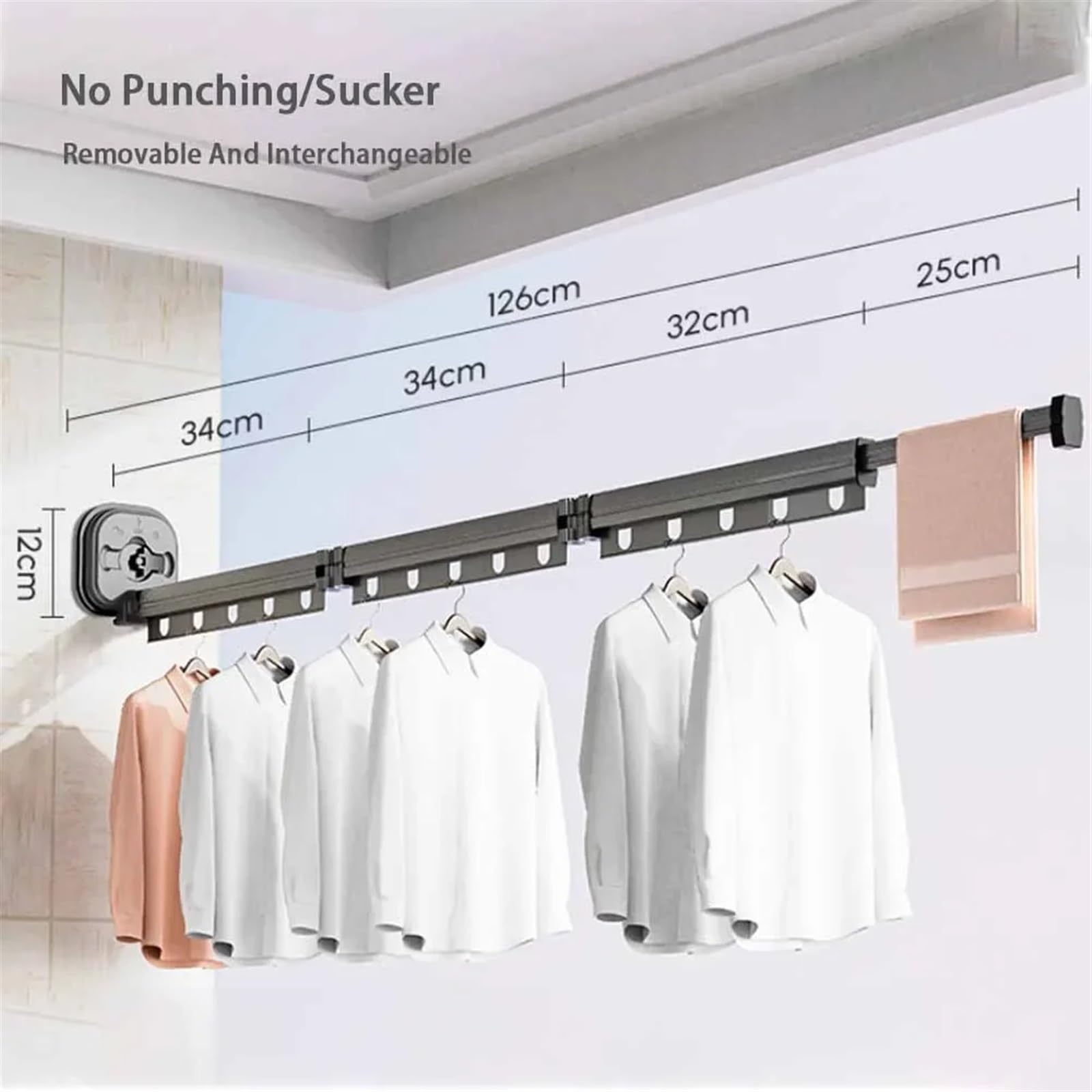 Zusammenklappbarer Kleiderständer for den Innenbereich, ausziehbarer Kleiderständer, platzsparend, for Zuhause, Wäscheleine, Wandmontage, Wäscheleine für Schlafzimmer, Balkon(3 black fold Sucker)