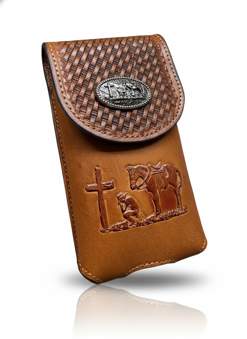 Western Leder Handy Holster - Korbgeflecht mit Cowboy betend am Kreuz geprägt & Concho - Gürtelschlaufe Tragetasche für Smartphones