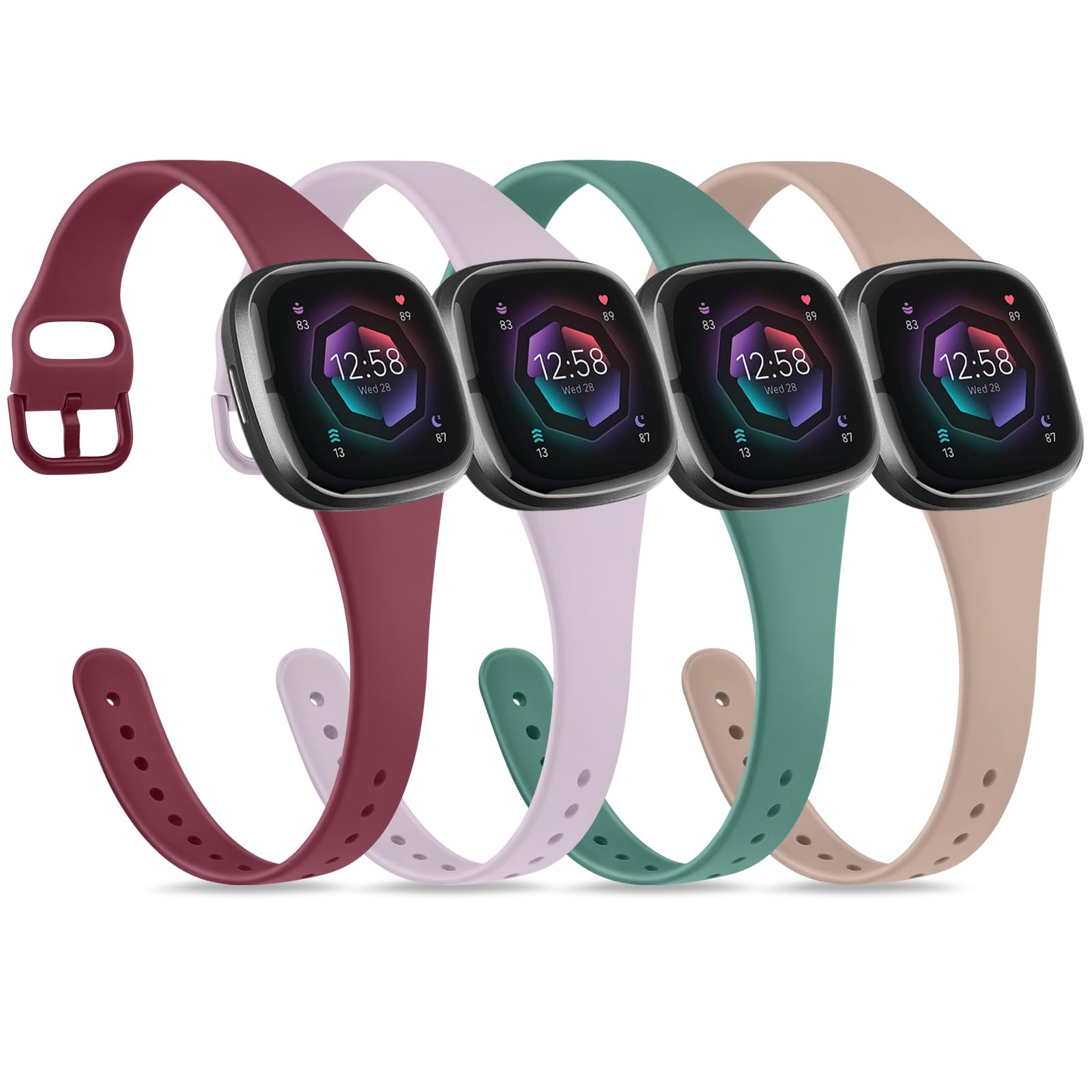 [4 PACK] Slim Straps for Fitbit Versa 3 / Versa 4 Straps/Fitbit Sense/Sense 2 Strap for Women Men, Soft Slim Thin Silicone Replacement Strap Wristband Watchband 4-PACK 03