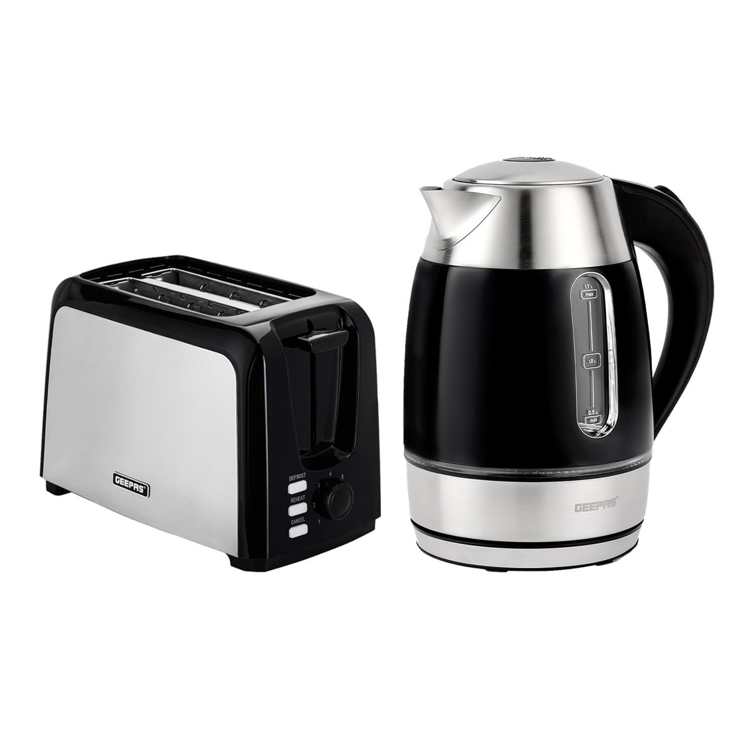 Geepas 2 Slice Bread Toaster & 1.7L Illuminating Electric Kettle Combo Set | 750W Toaster, 7 Level Browning Control, Defrost, Reheat & Cancel Function | 2200W Rapid Boil Cordless Jug Kettle