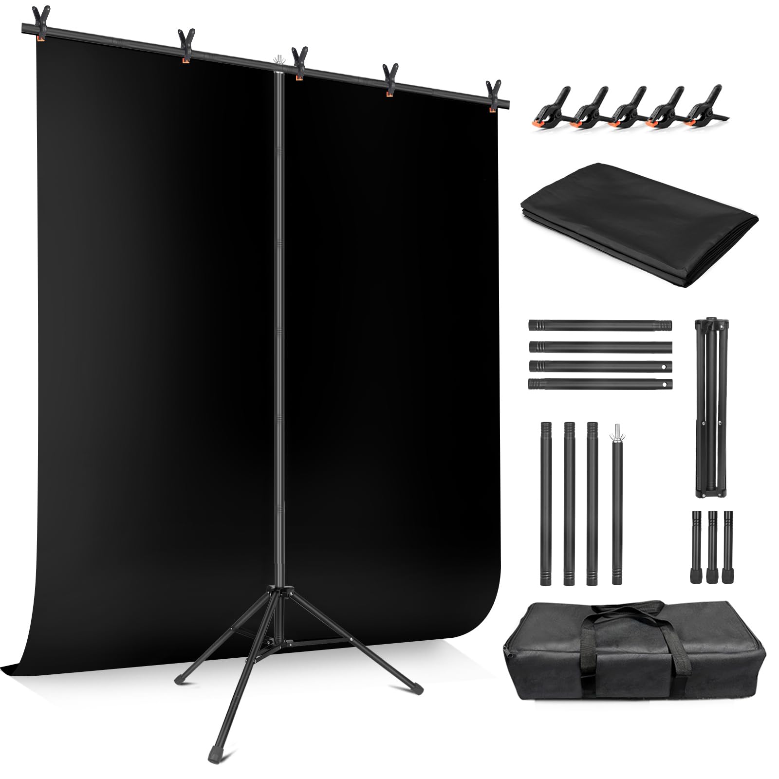 JEBUTU Black Backdrop Background with Stand for Photoshoot, 5x6.5ft Black Photo Backdrop Curtain Cloth with Background Support Stand, 5 Spring Clamps&
