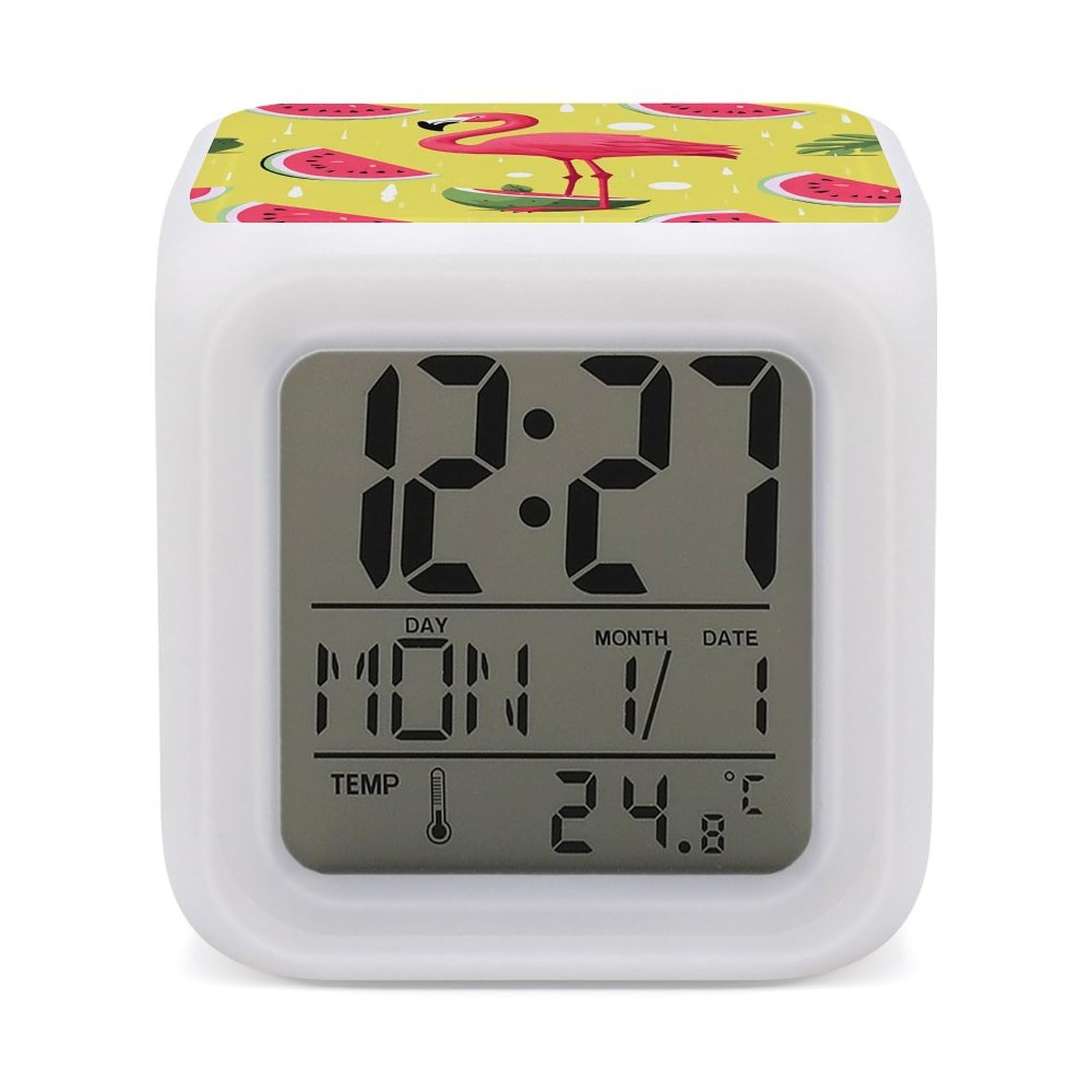 FekiLoot Pink Flamingo and Watermelon Alarm Clock 7 LED Color Changing Wake Up Clock Digital Alarm Clocks with Snooze Digital Bedside Clocks with Night Light for Home Office Or Dorm